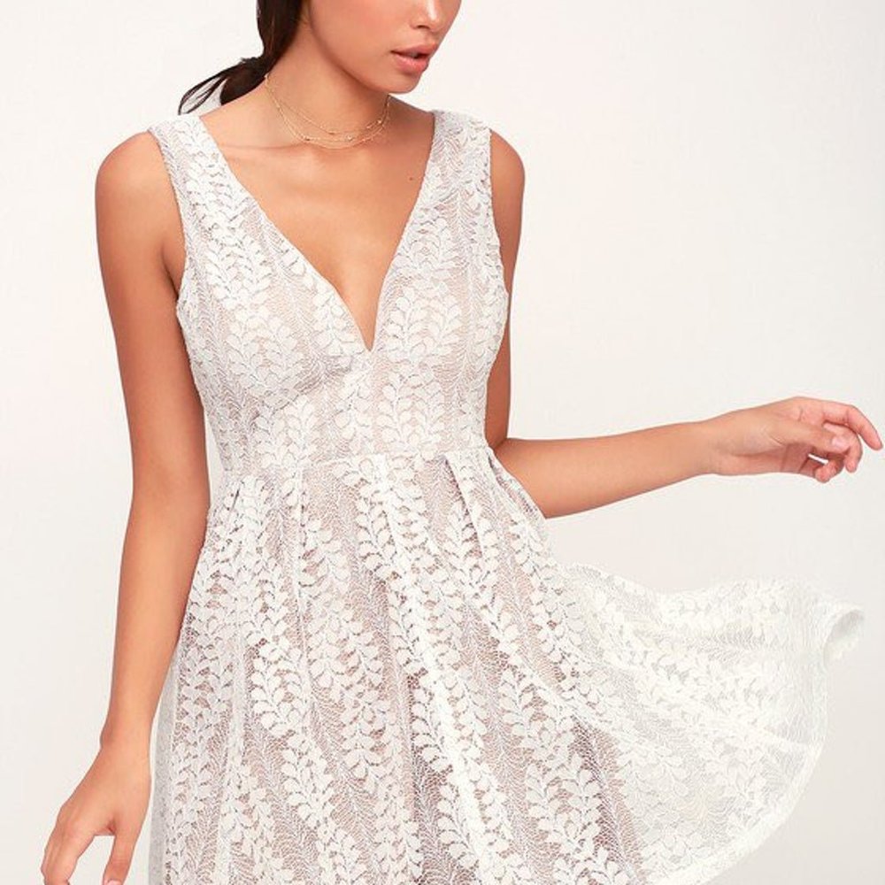 Never Worn Lulu’s White Lacy Fit & Flare Dress
